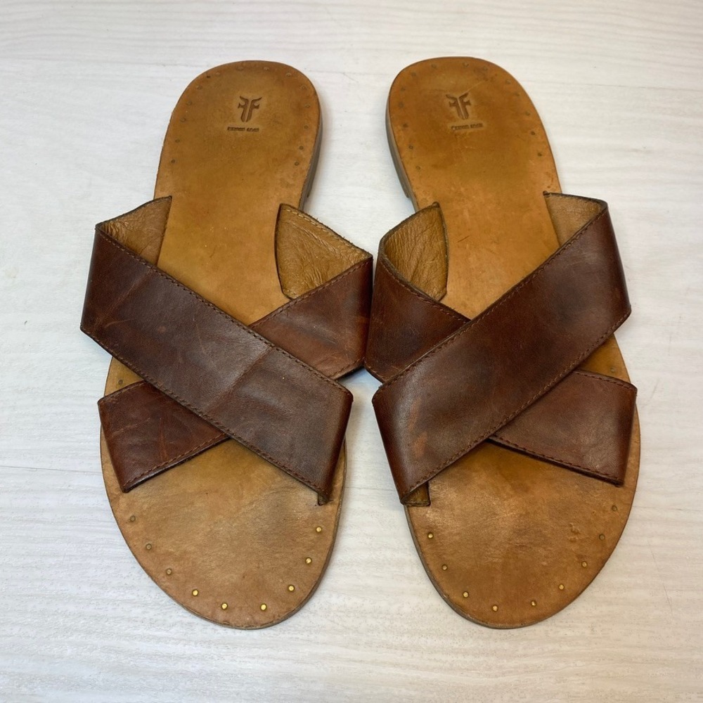Frye Womens 9.5 Ivy Criss Cross Slide Sandals Cognac Brown Leather Flat Summer